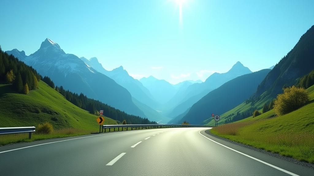 Scenic mountain road in Austria with clear skies, ideal for driving