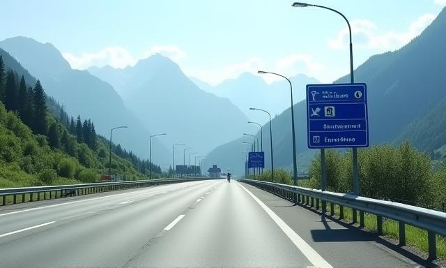 Austrian autobahn road signs and mountainous landscape