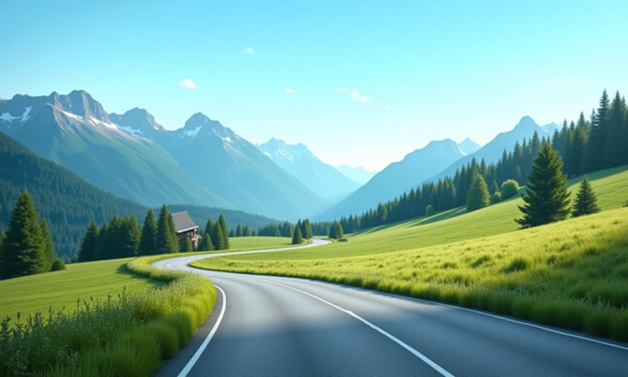 Scenic Austrian alpine landscape with clear sky and winding road
