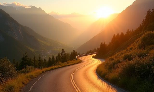 Scenic mountain road winding through Austrian Alps at sunset