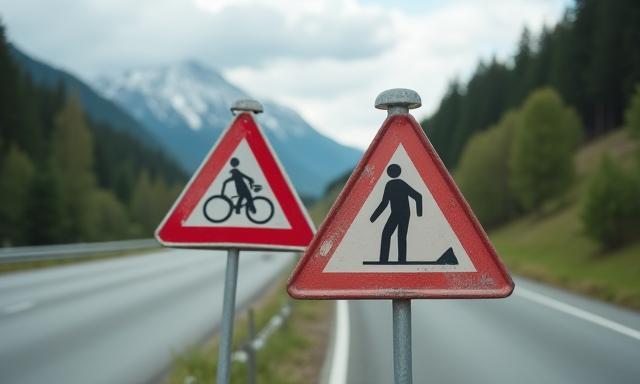 Safety warning road sign on an Austrian highway